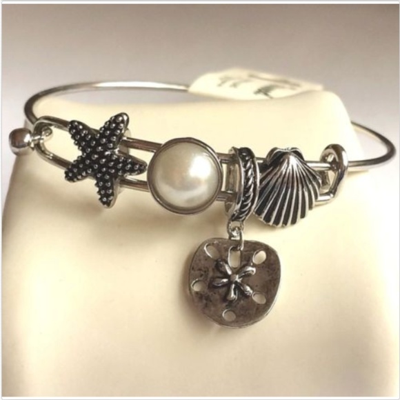 Sand Dollar Starfish Shell Charm Bracelet 8" Pearl Island Sea Life Silver Plated - Picture 3 of 11